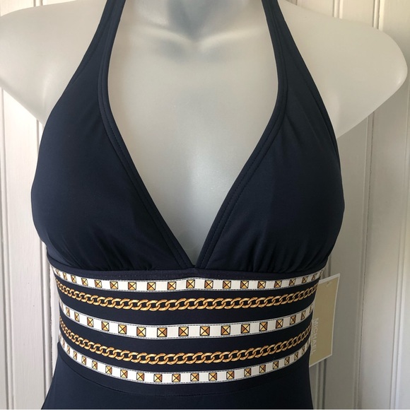 MICHAEL KORS Retail $114 Navy Halter One Piece Swimsuit Chain Border Size 6 - Picture 2 of 6